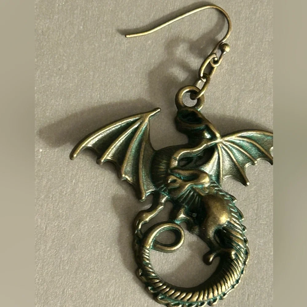 Earrings Gothic flying Dragons in Brass w Green Verdigris finish pierced, drop